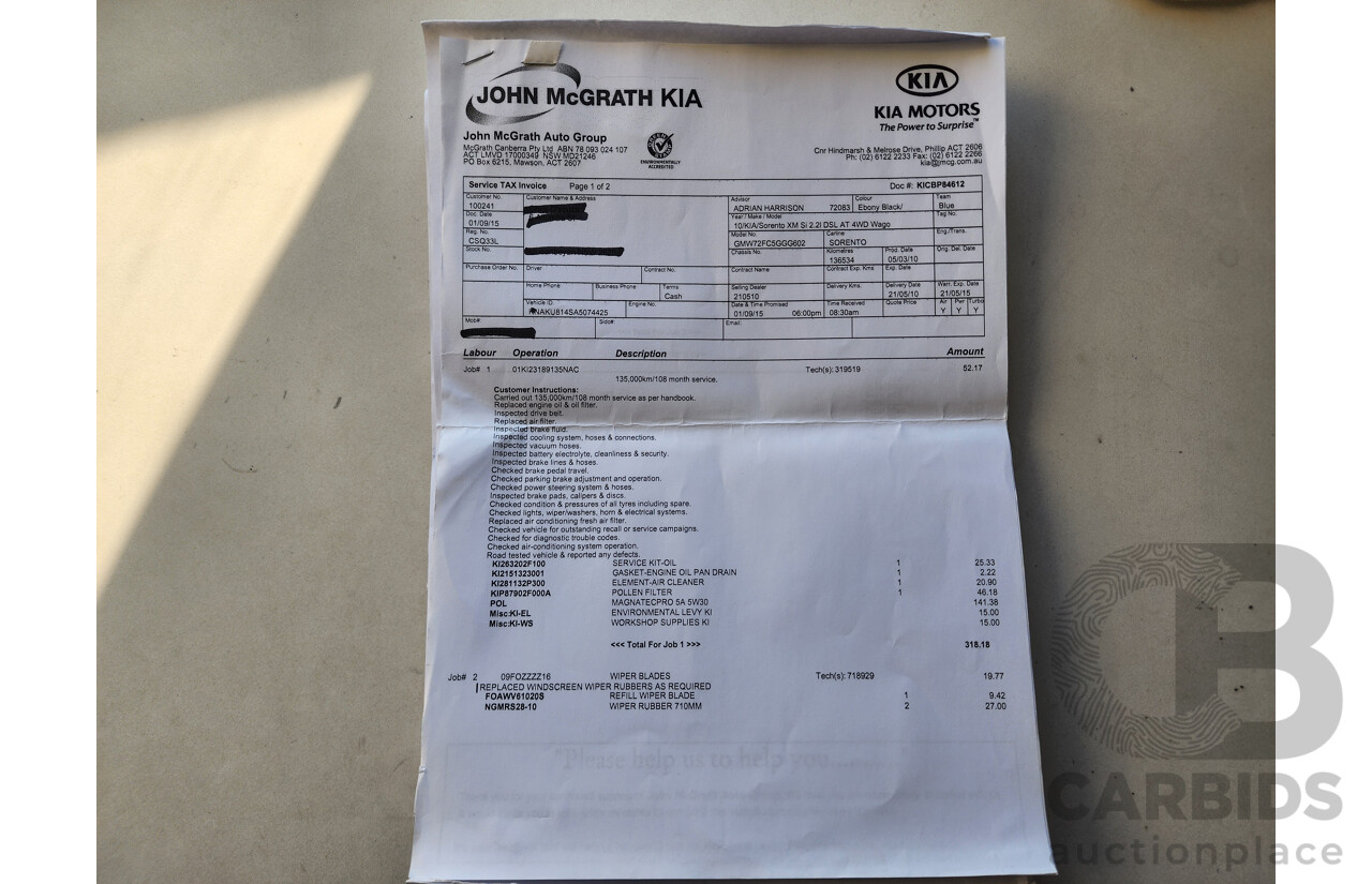 4/2010 Kia Sorento Platinum (4x4) XM 4d Wagon Black 2.2L