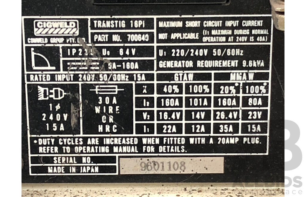 Cigweld Transtig 16Pi  TIG Welder