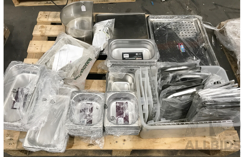 Pallet Lot of Assorted Catering Food Pans, Trays, Lids, and More
