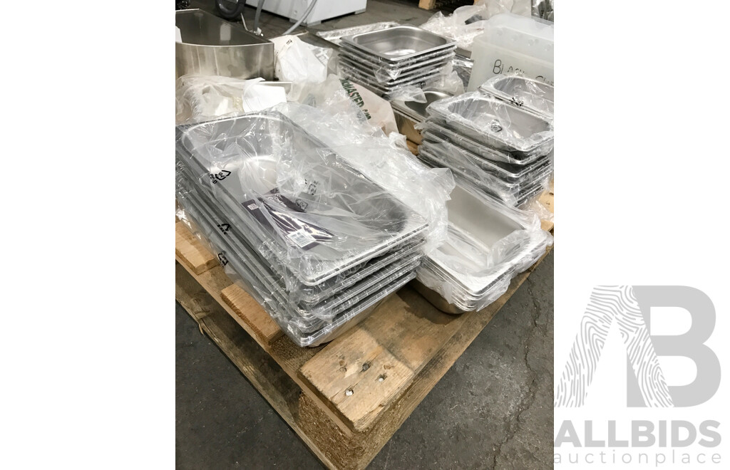 Pallet Lot of Assorted Catering Food Pans, Trays, Lids, and More