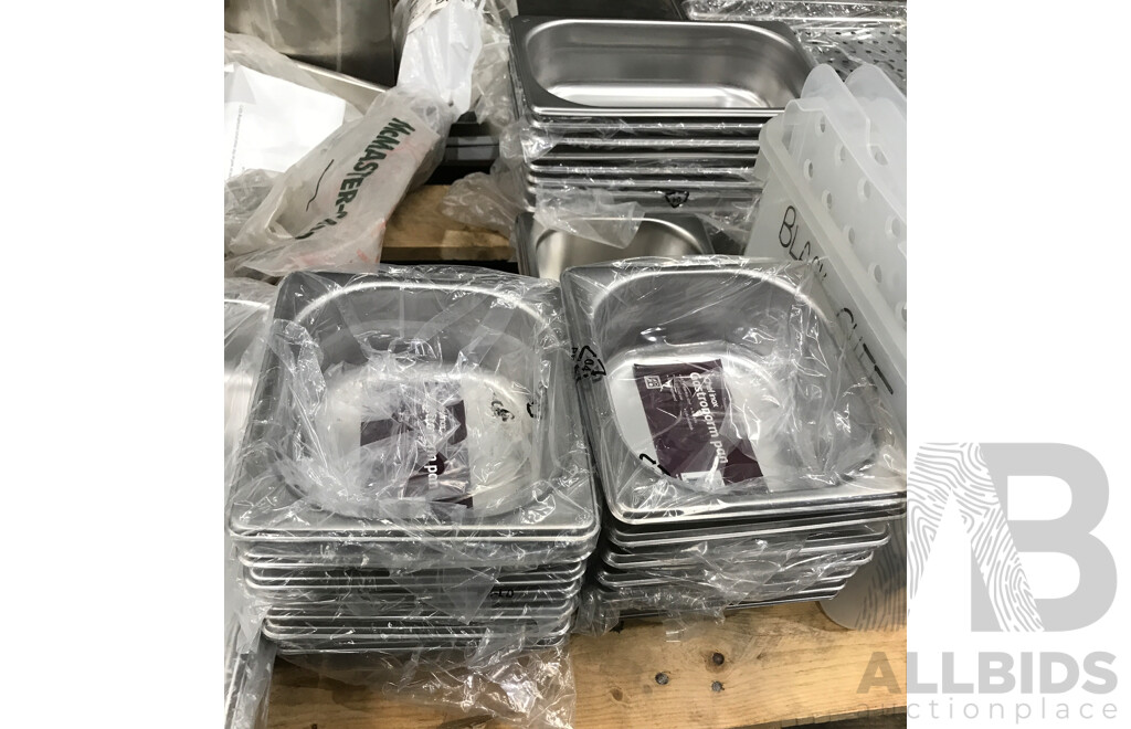 Pallet Lot of Assorted Catering Food Pans, Trays, Lids, and More