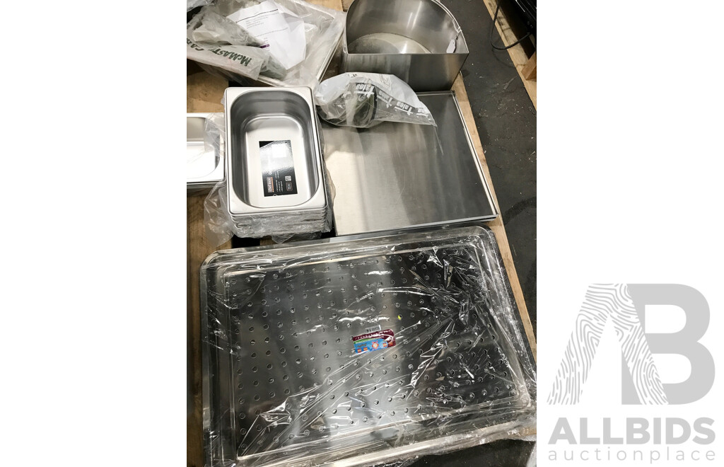 Pallet Lot of Assorted Catering Food Pans, Trays, Lids, and More