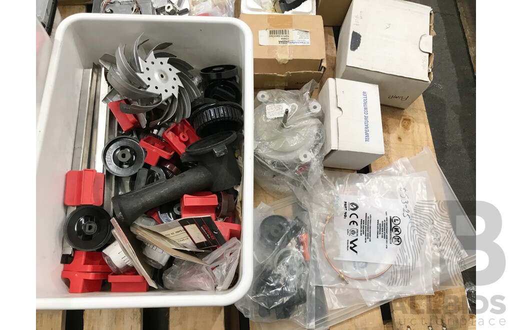Pallet Lot of Assorted Catering Equipment & Parts Including Gas Knobs, Valves, Regulators, Burner Jets, and More