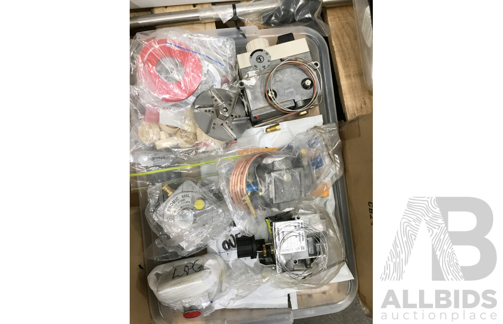 Pallet Lot of Assorted Catering Equipment & Parts Including Gas Knobs, Valves, Regulators, Burner Jets, and More