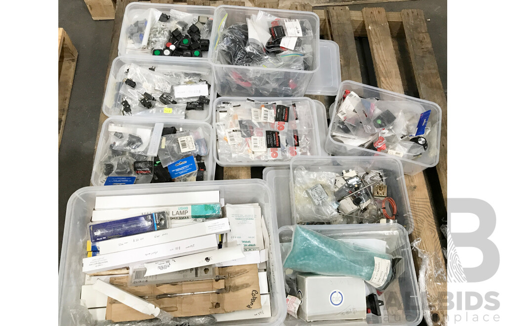 Pallet Lot of Assorted Catering Equipment & Parts Such as Oven Fans, Thermostats, Micro Switches, Indicator Lights, and More