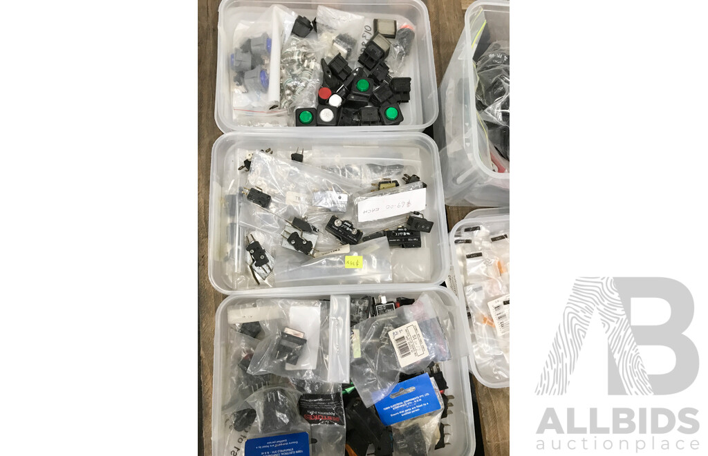 Pallet Lot of Assorted Catering Equipment & Parts Such as Oven Fans, Thermostats, Micro Switches, Indicator Lights, and More