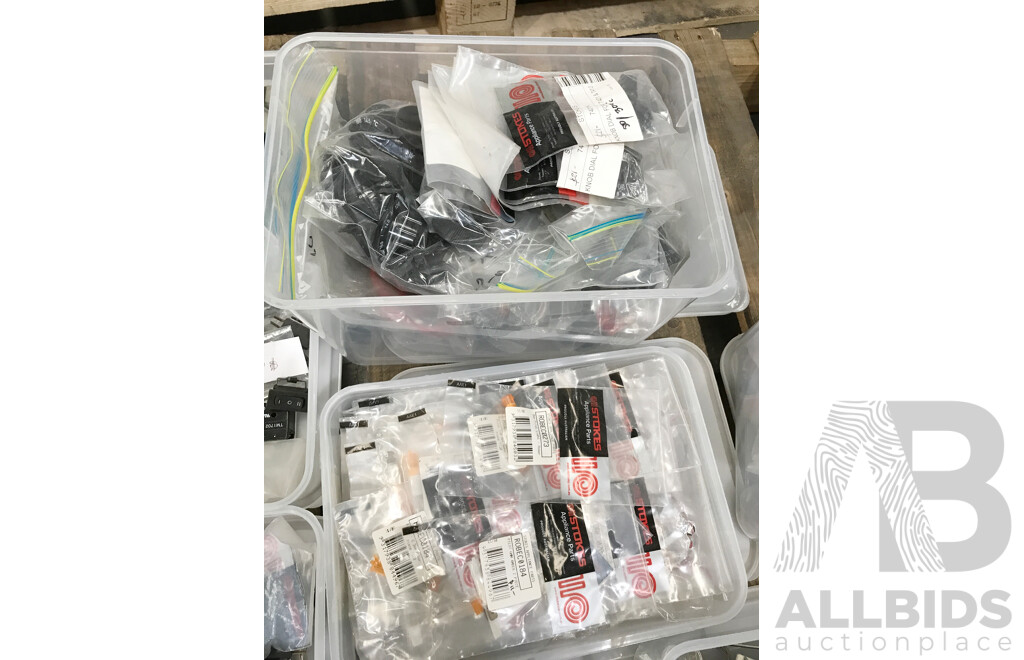 Pallet Lot of Assorted Catering Equipment & Parts Such as Oven Fans, Thermostats, Micro Switches, Indicator Lights, and More