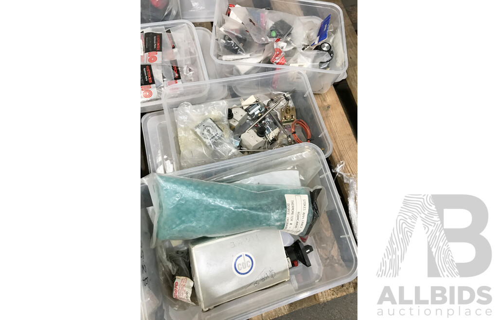 Pallet Lot of Assorted Catering Equipment & Parts Such as Oven Fans, Thermostats, Micro Switches, Indicator Lights, and More