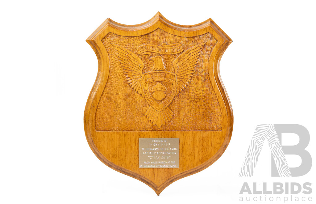 Original Vintage City of New York Police Department Intelligence Division Commemorative Wooden Carved Plaque, 35H x 28W cm (approx dimensions)