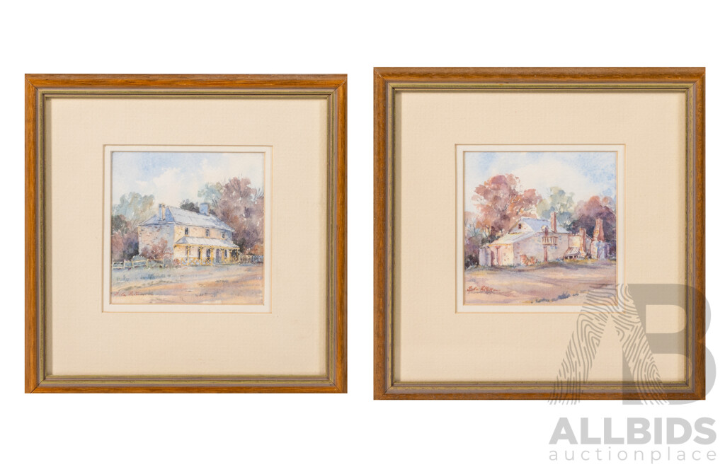 Isla J. Patterson, (20th Century, Australian), Shearer's Quarters, Gunning NSW & Bungendore Stone Dwelling, Wonderful Pair of Original Vintage Watercolour Miniatures, 18.5 x 18.5 cm (frames) (2)