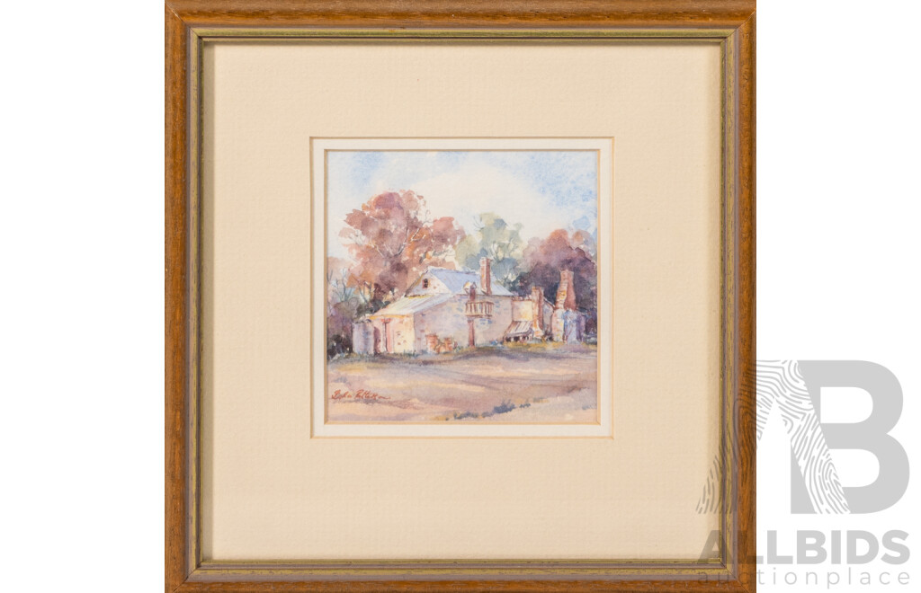 Isla J. Patterson, (20th Century, Australian), Shearer's Quarters, Gunning NSW & Bungendore Stone Dwelling, Wonderful Pair of Original Vintage Watercolour Miniatures, 18.5 x 18.5 cm (frames) (2)
