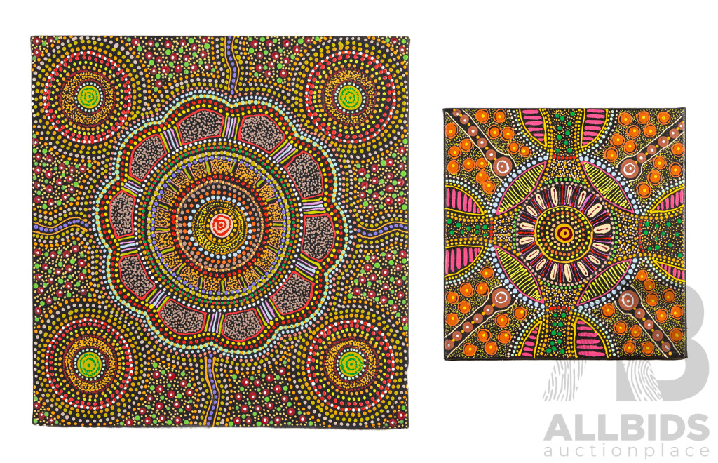 Bridget Wallace (20th Century, Indigenous-Australian), Untitled [Meeting Place & Spirit Country], Original Pair of Acrylic on Canvas, 30H X 30W Cm (largest) (2)