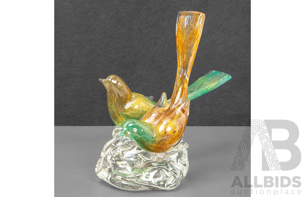 Artist Unknown (20th Century, 1970s), Love Birds, Vintage Murano-Style Glass Featuring Hand Blown & Hand Painted Sommerso Technique with Aventurine Flecks (c1970s), 20H cm (tail)
