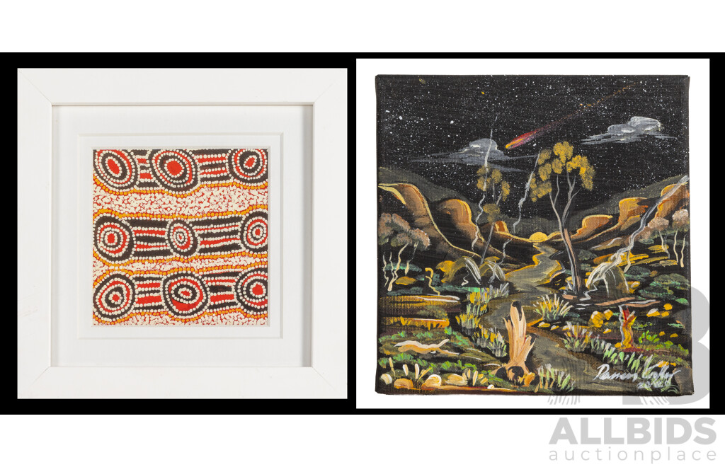 Darren Cooper (20th Century, Indigenous-Australian, 1970-), Wiradjuri Dreaming (2020), Original Acrylic on Canvas, 20H x 20W cm & Joy Nangala Brown Framed Print 18H x 18W cm (frame) (2)