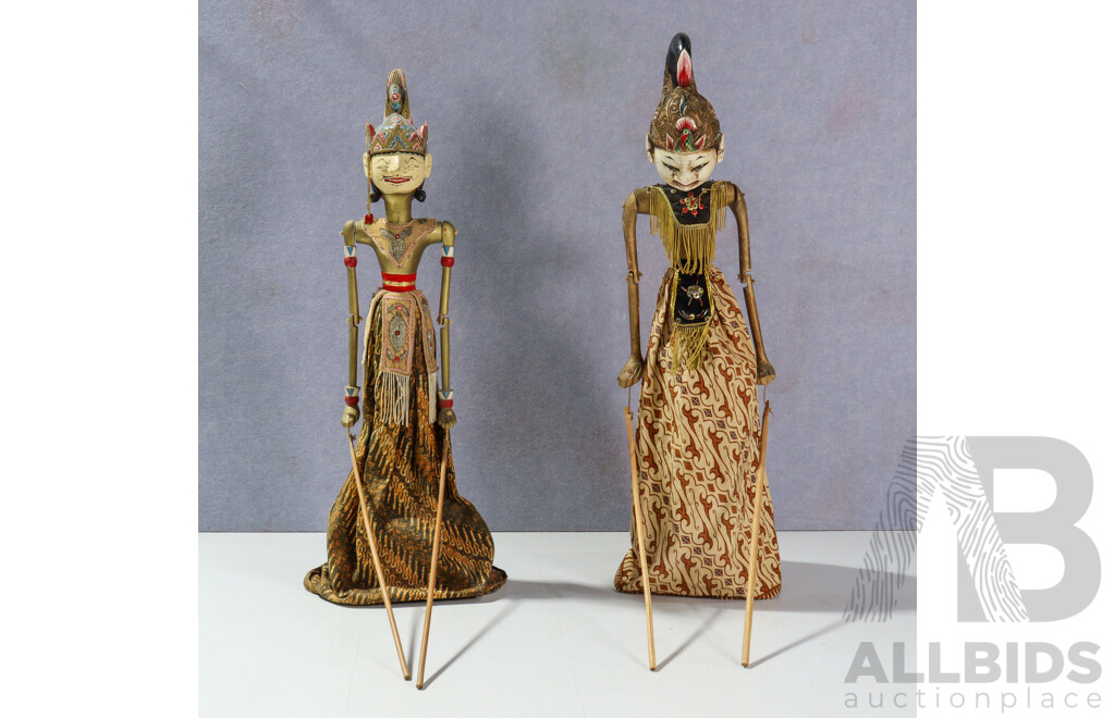 Artists Unknown (20th Century, Indonesian), Wayang Golek Puppets I & II, Pair of Wonderful Vintage Handcrafted Carved Wooden Puppets with Cloth Clothing & Beaded Decorations; 58 Cm (Length Approx) (2)