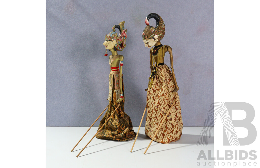 Artists Unknown (20th Century, Indonesian), Wayang Golek Puppets I & II, Pair of Wonderful Vintage Handcrafted Carved Wooden Puppets with Cloth Clothing & Beaded Decorations; 58 Cm (Length Approx) (2)