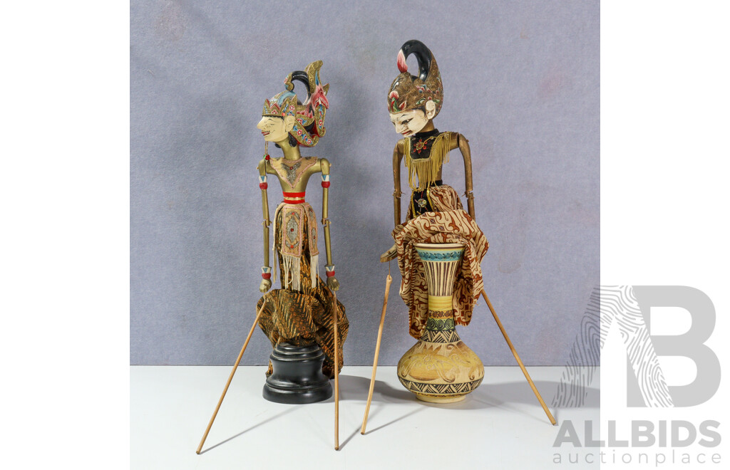 Artists Unknown (20th Century, Indonesian), Wayang Golek Puppets I & II, Pair of Wonderful Vintage Handcrafted Carved Wooden Puppets with Cloth Clothing & Beaded Decorations; 58 Cm (Length Approx) (2)