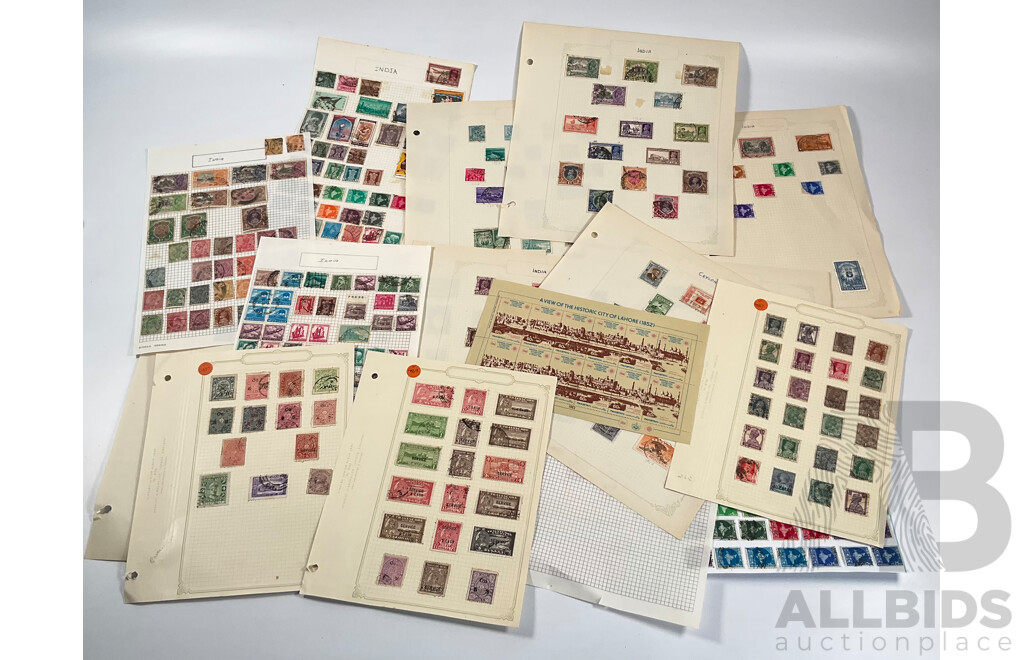 Collection on Indian and Indian States Stamps Including Cochin Anchal, Travancore Anchel, Mint Lahore Stamp Exhibition Sheet, Ceylon, Bahawalpur, QV, KGV, Sets, Overprints