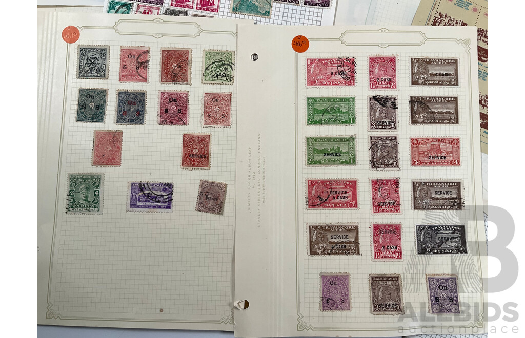 Collection on Indian and Indian States Stamps Including Cochin Anchal, Travancore Anchel, Mint Lahore Stamp Exhibition Sheet, Ceylon, Bahawalpur, QV, KGV, Sets, Overprints