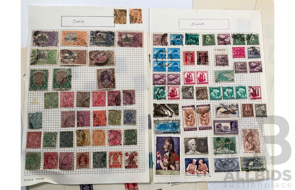 Collection on Indian and Indian States Stamps Including Cochin Anchal, Travancore Anchel, Mint Lahore Stamp Exhibition Sheet, Ceylon, Bahawalpur, QV, KGV, Sets, Overprints