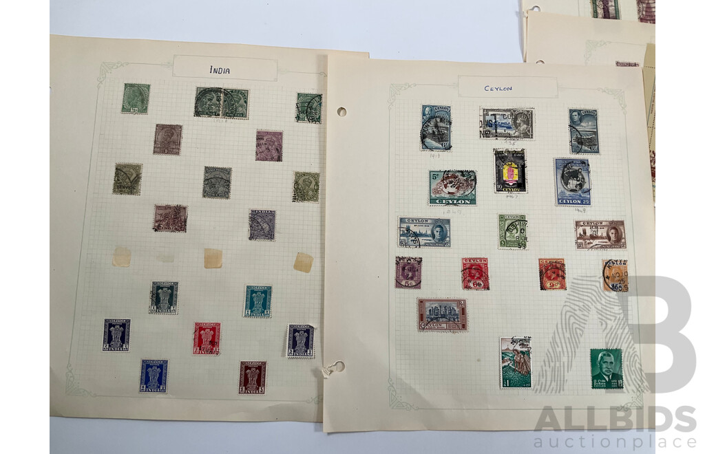 Collection on Indian and Indian States Stamps Including Cochin Anchal, Travancore Anchel, Mint Lahore Stamp Exhibition Sheet, Ceylon, Bahawalpur, QV, KGV, Sets, Overprints
