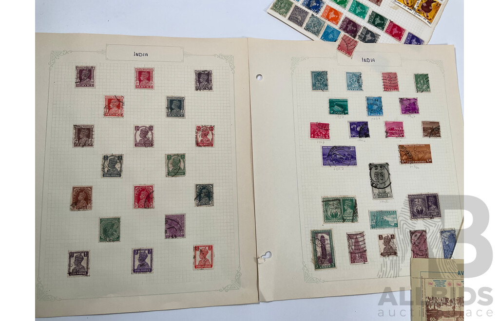 Collection on Indian and Indian States Stamps Including Cochin Anchal, Travancore Anchel, Mint Lahore Stamp Exhibition Sheet, Ceylon, Bahawalpur, QV, KGV, Sets, Overprints