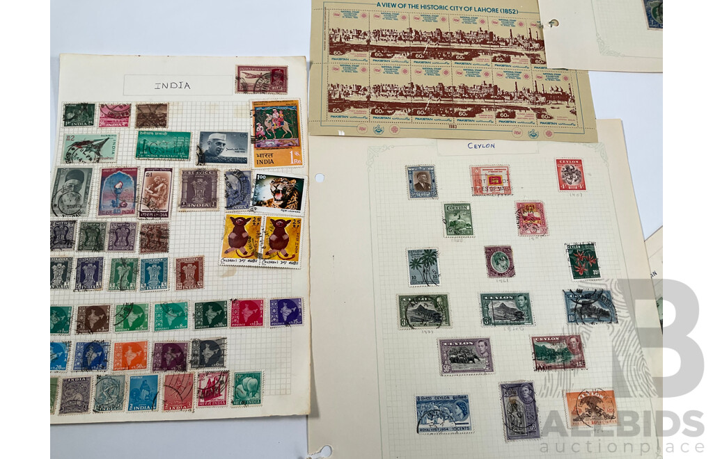 Collection on Indian and Indian States Stamps Including Cochin Anchal, Travancore Anchel, Mint Lahore Stamp Exhibition Sheet, Ceylon, Bahawalpur, QV, KGV, Sets, Overprints