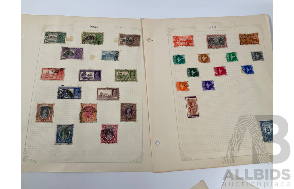 Collection on Indian and Indian States Stamps Including Cochin Anchal, Travancore Anchel, Mint Lahore Stamp Exhibition Sheet, Ceylon, Bahawalpur, QV, KGV, Sets, Overprints