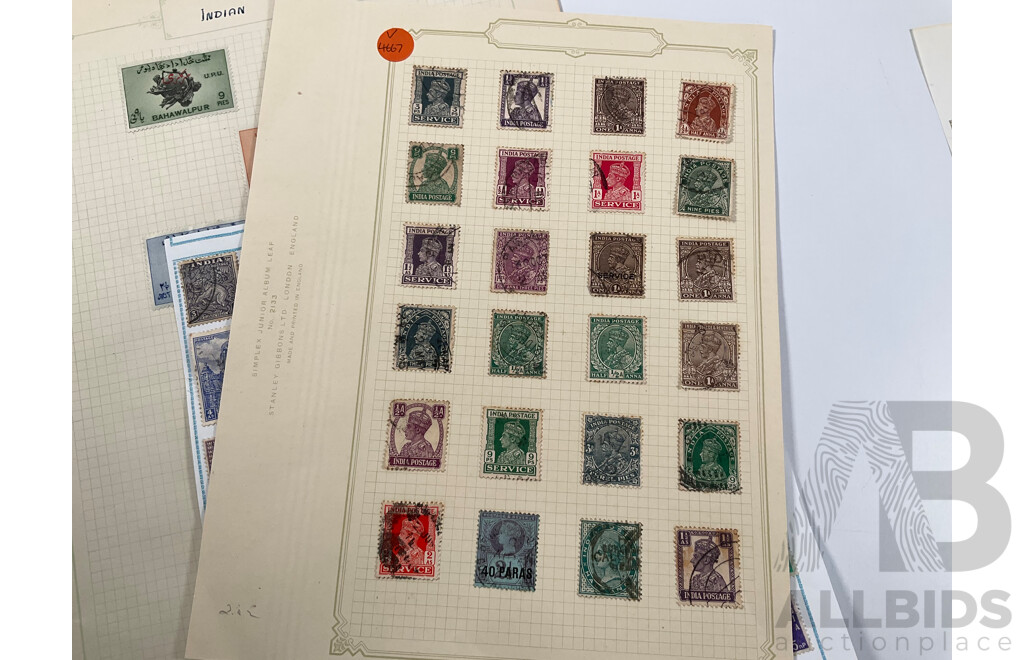 Collection on Indian and Indian States Stamps Including Cochin Anchal, Travancore Anchel, Mint Lahore Stamp Exhibition Sheet, Ceylon, Bahawalpur, QV, KGV, Sets, Overprints