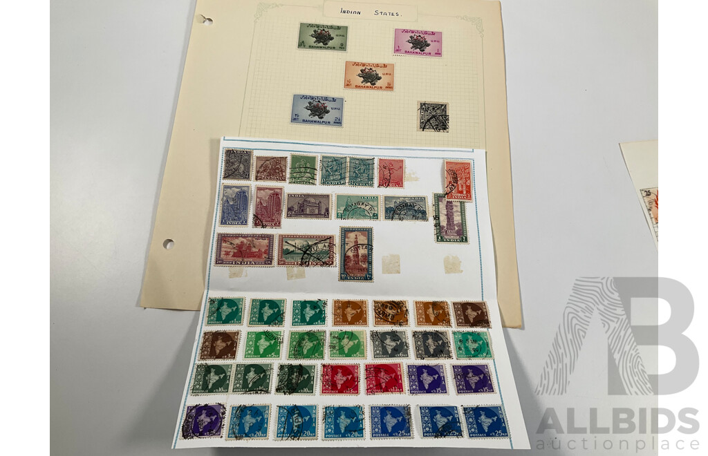 Collection on Indian and Indian States Stamps Including Cochin Anchal, Travancore Anchel, Mint Lahore Stamp Exhibition Sheet, Ceylon, Bahawalpur, QV, KGV, Sets, Overprints
