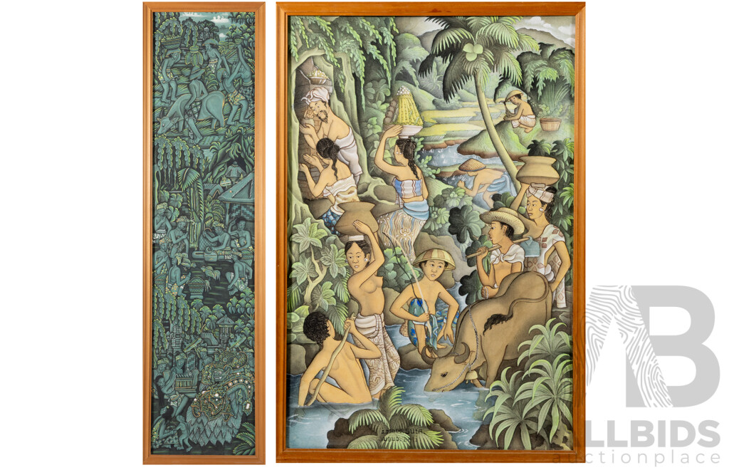 Artist Unknown (20th Century, Balinese School), Verdant Village Life & Mythological Village Scene, Lovely Pair of Vintage Coloured Ink on Cloth, 64 x 44 cm & 91 x 25 cm (frames) (2)