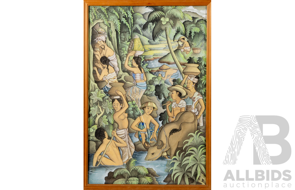 Artist Unknown (20th Century, Balinese School), Verdant Village Life & Mythological Village Scene, Lovely Pair of Vintage Coloured Ink on Cloth, 64 x 44 cm & 91 x 25 cm (frames) (2)