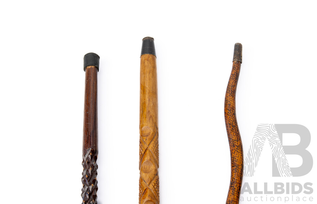 Trio of Indonesian Hand Decorated Wooden Walking Sticks