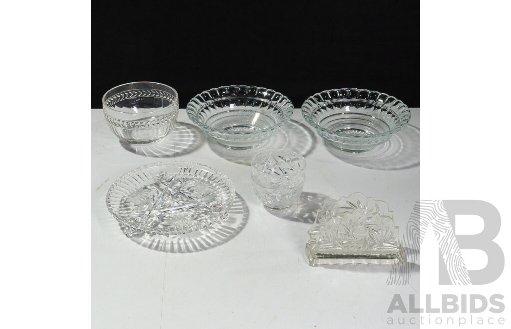 Collection of Crystal Ware - Three Medium Bowls, Two Smaller Bowls, One Cake Serving Tray and Serviette Holder (7)