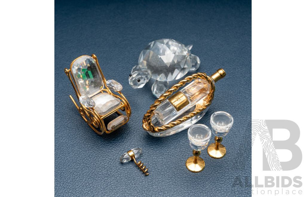Swarovski Crystal Turtle and Other Swarovski Miniatures Including Wine Set