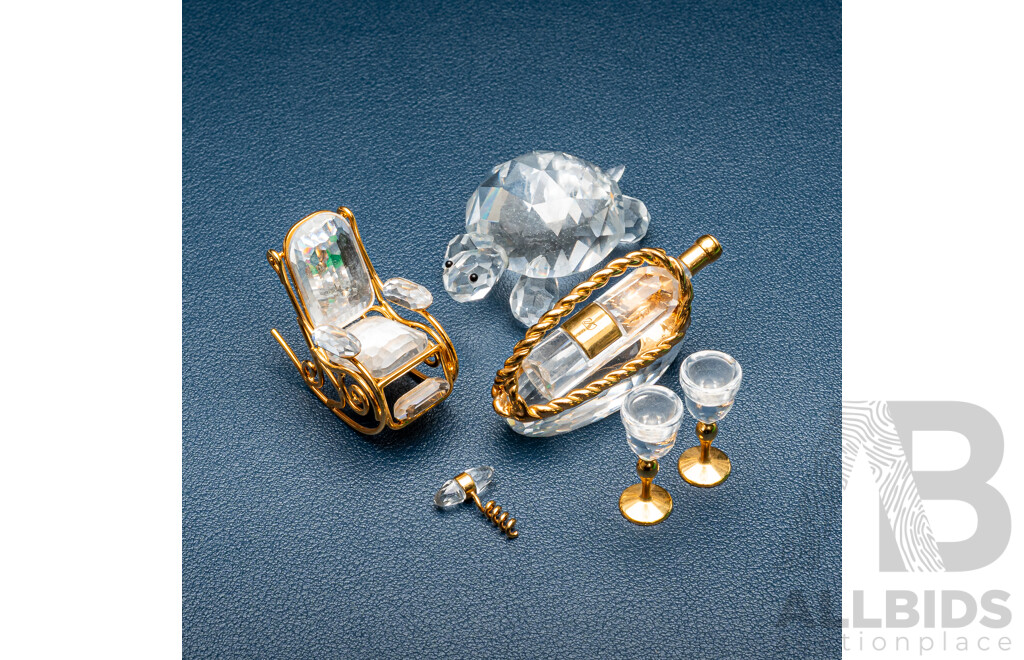 Swarovski Crystal Turtle and Other Swarovski Miniatures Including Wine Set