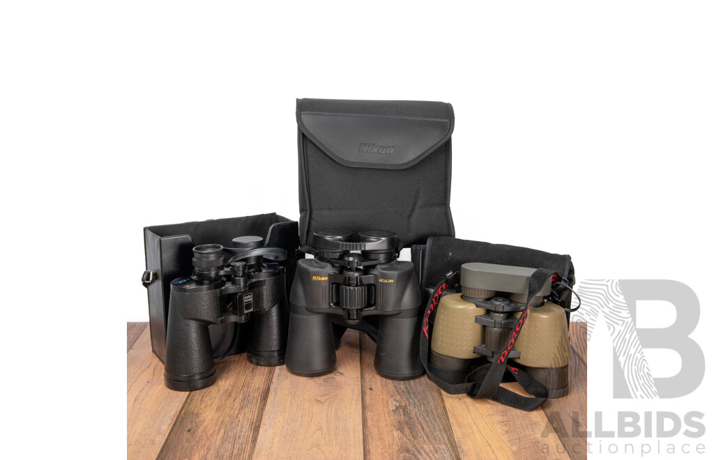 Trio of Binoculars Featuring Kowa 2231 in Fabric Case, Nikon Aculon A211 in Fabric Case & Vintage Bushnell Sportview Wide Angle Insta Focus in Plastic Case, (3)
