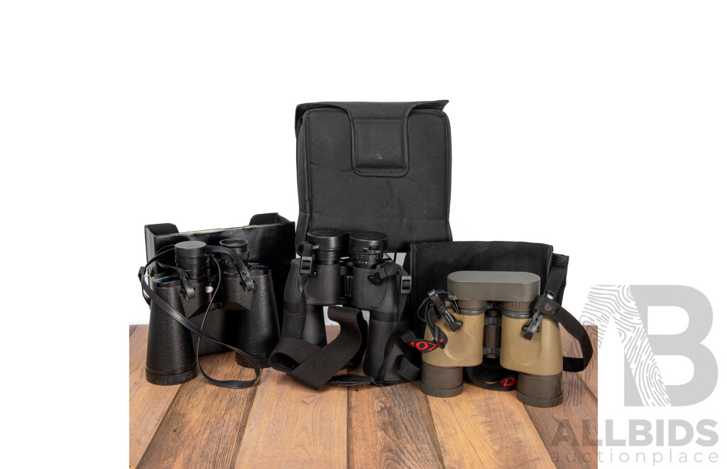 Trio of Binoculars Featuring Kowa 2231 in Fabric Case, Nikon Aculon A211 in Fabric Case & Vintage Bushnell Sportview Wide Angle Insta Focus in Plastic Case, (3)
