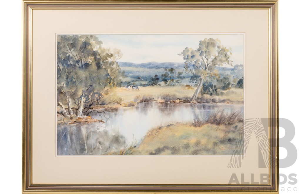 Isla Patterson, (20th Century, Australian), Cows Grazing by Still Waters, Beautiful Original Watercolour, 55 x 73 cm (frame)
