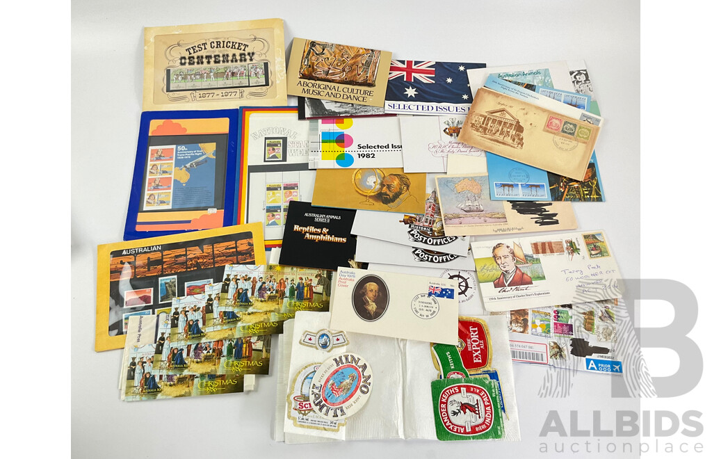 Australian Stamp Packs and First Day Covers Including Selected Issues 1980, Aboriginal Culture Music and Dance, Test Cricket Centenary