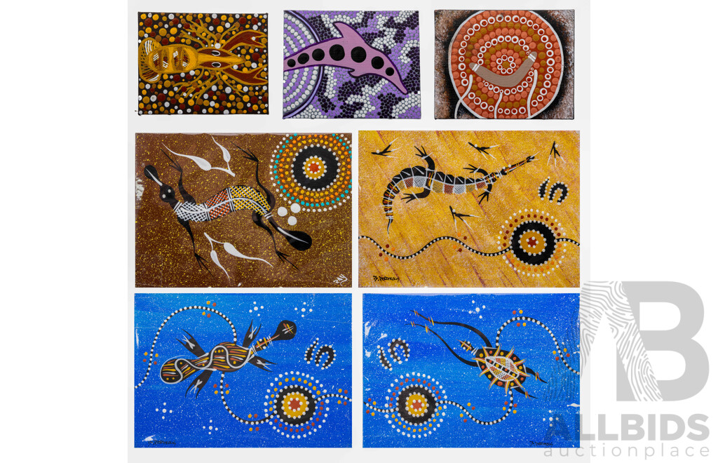 Lot of Seven Miniature Indigenous-Australian Original Works, Dreamtime Animals, Acrylic on Canvas, 13 x 18 cm and 8 x 10 cm (7)