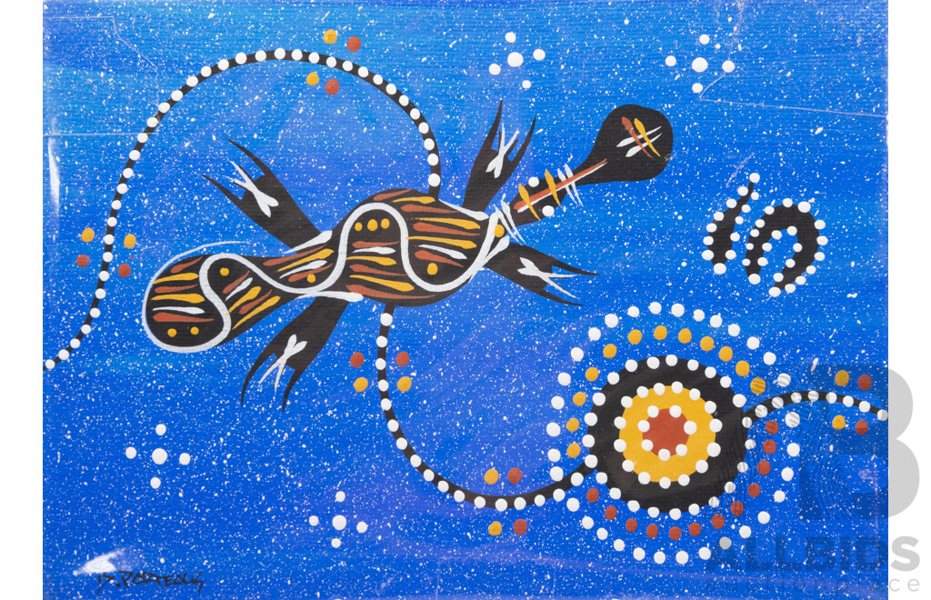 Lot of Seven Miniature Indigenous-Australian Original Works, Dreamtime Animals, Acrylic on Canvas, 13 x 18 cm and 8 x 10 cm (7)