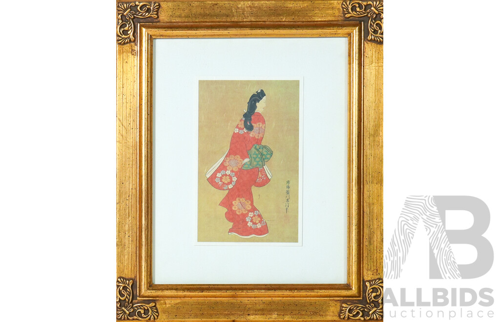 Hishikawa Moronubu, (Japanese, C1690), Beauty Looking Back [Mikaeri Bijin-zu], Reproduction Colour Card Print After Original Silk Scroll, 32 X 26 Cm (frame)