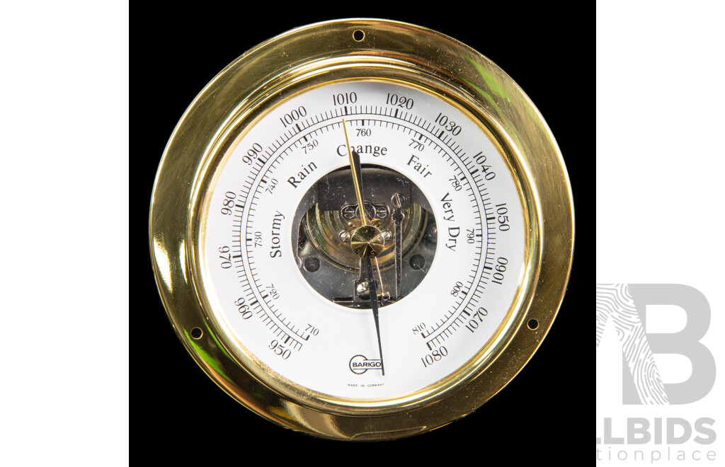 Wonderful German-Made BarigoTempo 683MS Ship's Clock in Polished Brass, Alongside Barigo Tempo Barometer - 11 x 11 cm (approx) (2)