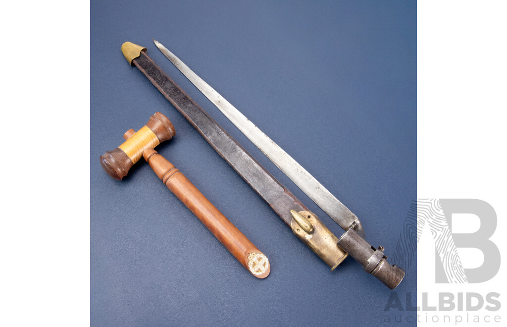 Lovely Vintage Royal New South Wales Regiment Ceremonial Wooden Gavel Alongside a Socket Bayonet with Leather Scabbard (2)