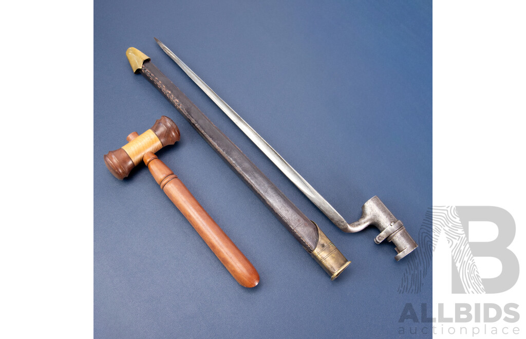 Lovely Vintage Royal New South Wales Regiment Ceremonial Wooden Gavel Alongside a Socket Bayonet with Leather Scabbard (2)
