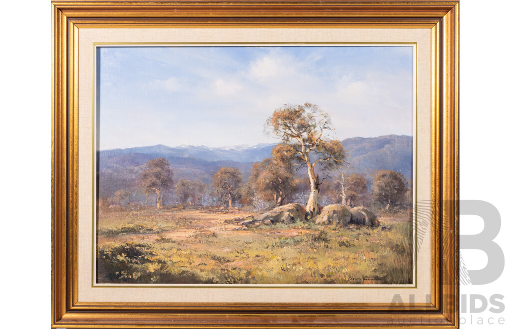 John Sharman (20th Century, Australian, 1939-), Snowy Mountain View, Lovely Original Oil on Canvas Board, 63 x 78 cm (frame)
