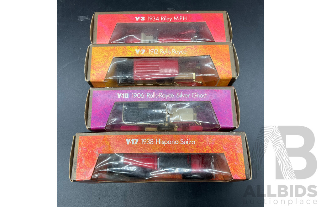 Four Vintage Matchbox Models of Yesteryear 1906 Rolls-Royce Silver Ghost, 1938 Hispano Suiza, 1934 Riley MPH, 1912 Rolls Royce