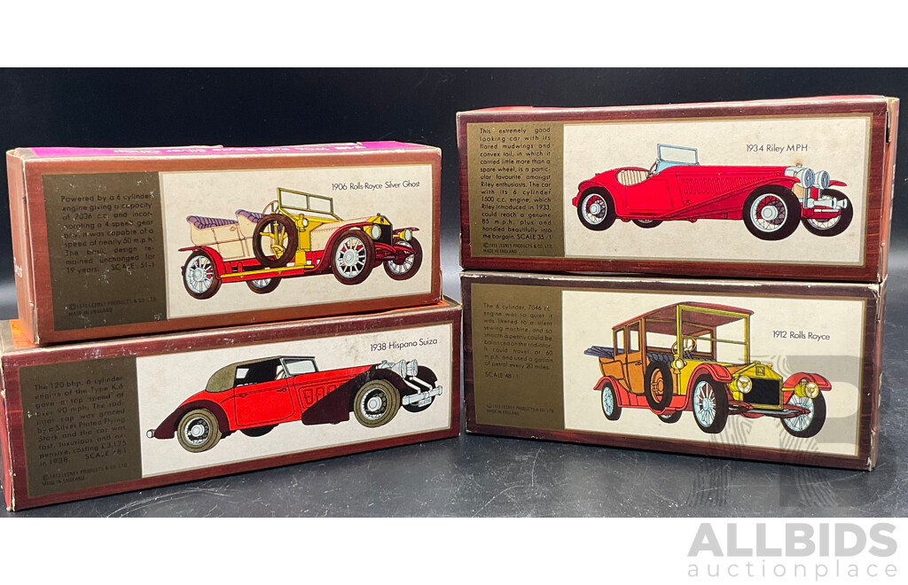 Four Vintage Matchbox Models of Yesteryear 1906 Rolls-Royce Silver Ghost, 1938 Hispano Suiza, 1934 Riley MPH, 1912 Rolls Royce