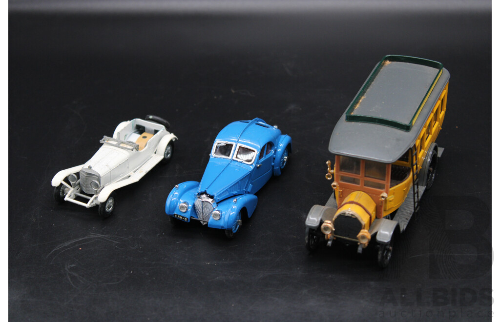 Three Collection of Model Cars - RIO Blue Bugatti 1938 1:43 & Fiat Omnbus 18 1:43 &  Models of Yesteryear 1928 Mercedes Benz 1:52